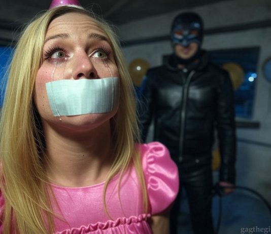 Terrified Birthday Girl Gagged, Facing Sadistic Punishment An 18-year-old birthday girl in a pink dress and party hat, duct tape gagged with tears streaming. A leather-clad sadist with a whip looms ominously.