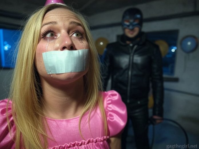 An 18-year-old birthday girl in a pink dress and party hat, duct tape gagged with tears streaming. A leather-clad sadist with a whip looms ominously.