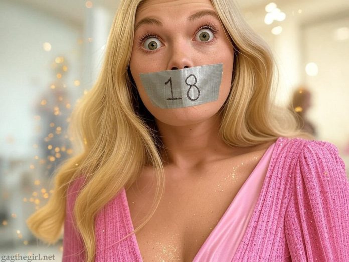 Blonde girl Lila, wide-eyed in shock, wearing a pink dress, duct tape gagged with '18' written on it, in a cozy room.