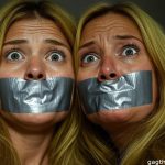 40-year-old American blonde mom and 20-year-old blonde daughter, duct tape gagged with arms tied, distressed eyes, in a dim room setting.