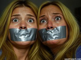 40-year-old American blonde mom and 20-year-old blonde daughter, duct tape gagged with arms tied, distressed eyes, in a dim room setting.