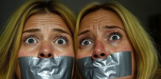 40-Year-Old Mom & 20-Year-Old Daughter Gagged 40-year-old American blonde mom and 20-year-old blonde daughter, duct tape gagged with arms tied, distressed eyes, in a dim room setting.