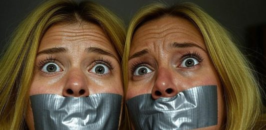 40-Year-Old Mom & 20-Year-Old Daughter Gagged 40-year-old American blonde mom and 20-year-old blonde daughter, duct tape gagged with arms tied, distressed eyes, in a dim room setting.