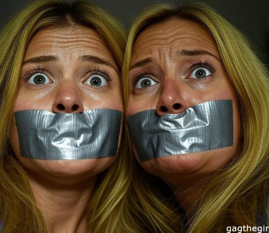 40-Year-Old Mom & 20-Year-Old Daughter Gagged 40-year-old American blonde mom and 20-year-old blonde daughter, duct tape gagged with arms tied, distressed eyes, in a dim room setting.