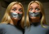 18-year-old American sporty twin sisters, duct tape gagged with arms tied, distressed eyes, in tight grey gym wear in a basement setting.