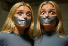 18-year-old American sporty twin sisters, duct tape gagged with arms tied, distressed eyes, in tight grey gym wear in a basement setting.
