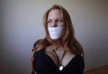 Close-up of June’s tightly taped mouth with microfoam gag