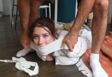 Snowflake Tightly Bound, Gagged, and Hogtied – FrenchBondage Snowflake gagged with microfoam tape, struggling on the bedroom floor