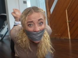 Zoey Ziptie Tightly Gagged and Hogtied by the Plumber – FrenchBondage Zoey’s gagged face in close-up, duct tape pressing over bulging sock gag