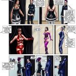 Storage Wars BDSM Comic - page 15: Laura visits fetish shop; Sandra fits her in tight blue latex catsuit and armbinder.