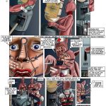 Storage Wars BDSM Comic #3 - page 2: Mistress Garcia force-feeds bound blonde slave Barbara a large bottle of "Pig Cum" while mocking her thirst and ruined model body; Barbara in pig mask struggles as the heavy liquid is poured down her throat.