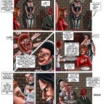 Storage Wars BDSM Comic #3 - page 9: Public humiliation dinner at Garcia's manor – overweight pig-masked Barbara in maid outfit serves guests; a male guest mocks her weight gain while Laura spanks her massive ass; other dommes force Barbara to perform oral service under the table as everyone laughs.