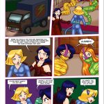 After loading the truck, Clover suggests Mandy try the same tight tape wrapping as a "gift"; Mandy agrees enthusiastically, allowing Clover to bind her arms behind her back, only to realize too late that Clover is double-crossing her while Alex and Sam watch helplessly from their mummified state – Totally Spices lesbian bondage comic page 9, role reversal betrayal, Mandy bound, lezdom twist, tape bondage domination shift