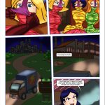 Clover admires the three fully mummified spies—Mandy tightly wrapped and gagged in shiny red tape, Alex in yellow, Sam in green—struggling helplessly on the floor; cut to nighttime scene of a truck heading to a packing factory as Clover narrates her easy victory and teases future plans – Totally Spices lesbian bondage comic page 11, group tape mummification finale, ultimate lezdom triumph, helpless taped captives, to be continued cliffhanger
