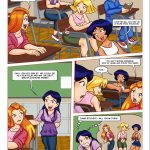 Mandy eavesdropping in class as Sam, Alex, and Clover excitedly plan to attend a costume party dressed as Totally Spies; Mandy angrily rejects their invitation and internally vows revenge – Totally Spices lesbian bondage comic page 1, rival setup, college girls planning party, femdom origin scene.