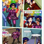 At the colorful costume party, Sam, Alex, and Clover in their iconic spy catsuits enjoy drinks and compliments; Mandy in a sexy witch outfit watches from the shadows, then taunts and lures a tipsy Alex downstairs with promises of a chase – Totally Spices lesbian bondage comic page 3, party scene, lezdom trap begins, spy girls in costume peril