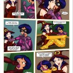 Mandy in her witch costume corners Alex in a dark room, chloroforms her with a cloth causing dizziness, then tightly wraps the helpless spy in shiny yellow tape from toes to shoulders, finishing with a tape gag over her mouth – Totally Spices lesbian bondage comic page 4, first capture, chloroform knockout, tape mummification begins, lezdom domination, gagged damsel in distress