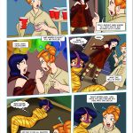 Sam searches for missing Alex at the party, confronts Mandy, and gets lured into the basement where she discovers Alex fully mummified in shiny orange tape; Mandy quickly overpowers Sam from behind, dragging her deeper into the trap while the bound Alex struggles helplessly – Totally Spices lesbian bondage comic page 5, second spy captured, tape mummification peril, lezdom ambush, damsels in distress