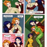 Sam confronts Mandy in the basement, leading to an intense catfight; Mandy gains the upper hand, punching Sam and overpowering her, then begins tightly wrapping the struggling red-haired spy in shiny green tape while declaring two spies captured and one to go – Totally Spices lesbian bondage comic page 6, catfight struggle, third spy captured, tape mummification peril, lezdom domination