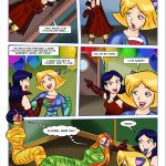 Mandy lures the unsuspecting Clover (in her blue catsuit) down to the basement with promises of a fun game; Clover excitedly follows, only to be shocked by the sight of Alex and Sam helplessly mummified in shiny yellow/orange and green tape on the floor, struggling and pleading for help – Totally Spices lesbian bondage comic page 7, final spy lured into trap, group mummification reveal, lezdom peril climax setup