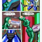 Mandy, now fully mummified in shiny blue tape, struggles desperately to escape for revenge; the machine adds a locking chastity dildo belt with random permanent code to her crotch while she orgasms intensely; close-up of the final click locking her in inescapable bondage – Totally Spices 2 bondage comic page 9, permanent chastity lock, forced orgasm climax, ultimate machine mummification, lezdom factory domination finale.