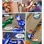 Bound Alex in orange rope struggles with vibrator torment from dirty panty gag and crotch rope; fully mummified Mandy in blue tape crawls worm-like in rage and repeated orgasms from her permanent chastity belt, vowing revenge as she inches toward escape – Totally Spices 2 bondage comic ending page 11, intense forced orgasms, crawling escape attempt, ultimate factory peril cliffhanger, to be continued...