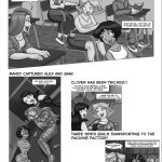 Black-and-white recap of Totally Spices 1: Sam, Alex, and Clover plan their costume party; Mandy captures Alex and Sam in tape; Clover tricks and mummifies Mandy; all three spies end up super-tightly bound and transported to the packing factory – Totally Spices 2 Wrong Turn recap page, previous events summary, tape bondage peril, lezdom betrayal setup.