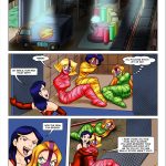 The spies arrive at the abandoned packing factory; Clover (in red tape mummification) taunts the tightly bound Mandy (red), Alex (yellow/orange), and Sam (green) on the conveyor belt, declaring the real fun begins while sarcastically thanking Clover for her betrayal – Totally Spices 2 bondage comic page 1, factory arrival, group tape mummification peril, lezdom domination and taunting.