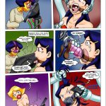 The robotic arm places Mandy on the conveyor for revenge; despite her protests, the machine strips her naked, stuffs a large red ball gag in her mouth, applies intense vibrators, and begins encasing her in shiny purple tape while she struggles and moans helplessly – Totally Spices 2 bondage comic page 7, ultimate role reversal, machine stripping and ball gag, vibrator torment, nude villainess in factory bondage peril.