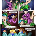 Mandy stalls the police officer at the truck; the shocked officer knocks out Mandy and carries her unconscious body; the three spies—Clover, Sam, and Alex—end up tightly mummified together in shiny blue latex on the floor, gagged with worn socks, awaiting their fate in the next episode – Totally Spices 3 bondage comic epilogue ending, police rescue twist fails, group latex mummification finale, sock gag humiliation, stay tuned cliffhanger, adult fetish spy girls peril