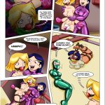 Mandy in shiny purple latex returns triumphantly, grabbing nude ball-gagged Clover in pink rope bondage and taunting the escaped Sam (green latex) and Alex (orange rope); Mandy forces Clover to crawl on all fours like a slave while threatening severe punishment – Totally Spices 3 bondage comic page 2, villainess comeback, nude damsel domination, latex and rope peril, lezdom human centipede setup begins