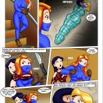 Sam heads upstairs for a knife while friends remain bound; Mandy ambushes Sam from shadows, recapturing her; the spies lose their advantage as Mandy regains control, leaving them helpless once more – Totally Spices 4 bondage comic page 9, ambush recapture, escape failure, latex bondage peril, lezdom domination restored