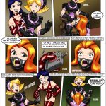 Mandy in red latex forces Clover in black-purple maid outfit to sit on ring-gagged Sam's face for intense oral; Clover resists at first but succumbs to pleasure, repeatedly pressing a button to electroshock Sam while licking deeper and orgasming as Mandy watches triumphantly – Totally Spices 4 bondage comic finale, forced facesitting and oral domination, electroshock temptation, maid lezdom submission, spy girls in ultimate lesbian training humiliation