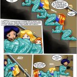 With Mandy distracted, the three spies—Clover leading, Sam and Alex—in shiny blue latex mummification attempt to escape up the basement stairs in their chained human centipede formation; Alex slips, causing all to tumble painfully back down to the bottom – Totally Spices 4 bondage comic page 3, failed escape attempt, latex chained centipede struggle, tumbling peril, lezdom spy girls humiliation