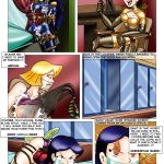 Britney in blue latex fails another round on the vibration torment bike, begging for help; Ma'am Husk pleasures herself while watching shocked Clover; Mandy escapes her locker confinement and overhears noises from Husk's office, moaning in pleasure from her chastity belt – Totally Spices 5 bondage comic finale, vibration bike failure, self-pleasure domination, locker escape, cliffhanger lezdom spy girl peril, to be continued.