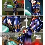 Captured police officer Britney in tight blue latex suit is strapped to a motorcycle-like torment device with oversized anal plug and pussy dildo; Mandy remotely activates intense vibrations, causing Britney to struggle, stretch, and beg for release while edging toward forced orgasm – Totally Spices 5 bondage comic page 3, motorcycle bondage machine, oversized plug torment, remote vibrator punishment, latex police slave peril