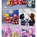 Exhausted Clover in red latex struggles weakly after multiple orgasms, deciding to save her friends; she crawls toward the kitchen for a knife while bound spies in blue and gold latex mummification lie helpless, hoping for rescue – Totally Spices 6 bondage comic page 11, post-orgasm exhaustion, crawling escape attempt, latex group mummification, lezdom spy girls final rescue hope peril