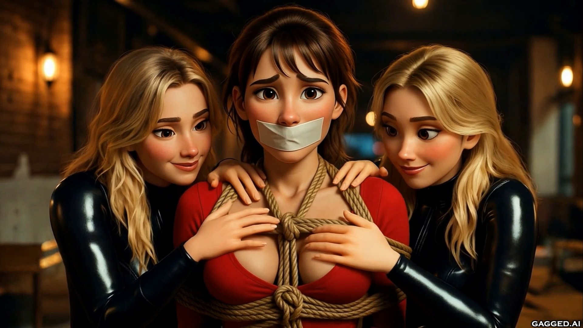 3D rendered bondage scene: Two sexy 18-year-old blonde twins in shiny black latex catsuits dominate a helpless brunette MILF in a dimly lit restaurant. Her arms are tightly roped behind her back with a chest harness that thrusts out her large exposed breasts in a red top, while a thick white tape gag seals her mouth as she glares in distress. The twins press close, hands teasing her bound tits. Hot AI-generated fetish art from Gagged AI studio on Clips4sale.