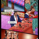 MAD MADHOUSE BDSM comic page 13 by Cagri: Mr. Jameson shopping in sex shop for spiked high heels, chains, ball gags and dildos to torment Elisabeth, cruel revenge items for his "frigid" victim in BDSM power play comic interlude