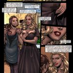 Illustrated panel from the BDSM comic "Backyard Garden Part 1," featuring high-society widow Christina Douglas and her daughter Anne in scenes of blackmail, rope bondage, gagging, domination by groundskeepers John and Jimmy, power reversal, family humiliation, and forbidden submission in an opulent estate.