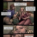 Illustrated panel from the BDSM comic "Backyard Garden Part 2," depicting widowed socialite Christina Douglas and her daughter Anne in escalating scenes of blackmail, rope bondage, gagging, domination by gardeners John and Jimmy, family humiliation, power reversals, and submissive torment in a luxurious estate setting.