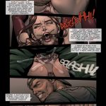 Illustrated panel from the BDSM comic "Backyard Garden Part 2," depicting widowed socialite Christina Douglas and her daughter Anne in escalating scenes of blackmail, rope bondage, gagging, domination by gardeners John and Jimmy, family humiliation, power reversals, and submissive torment in a luxurious estate setting.