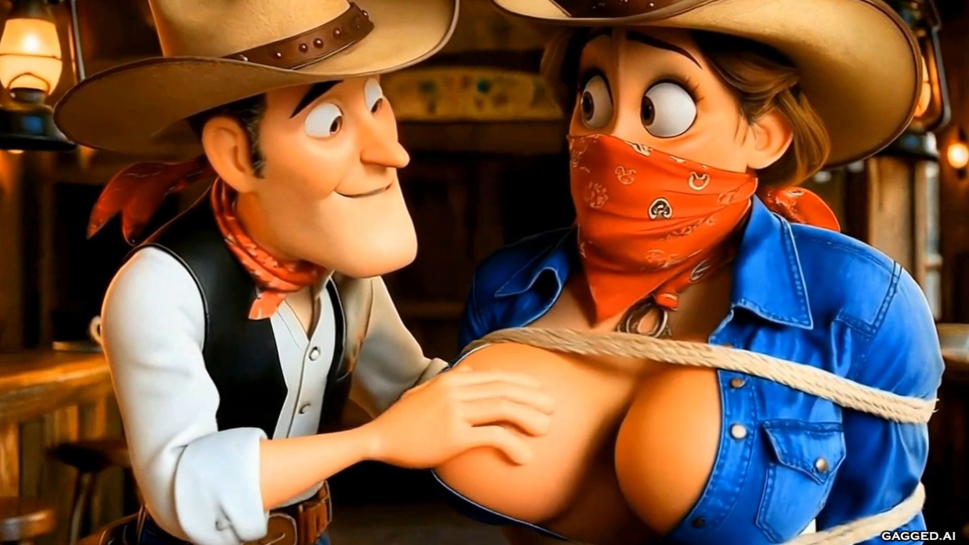 3D cartoon depiction of a smirking male cowboy in Western attire groping the exposed breast of a gagged and rope-bound female cowgirl in a dimly lit bar setting.