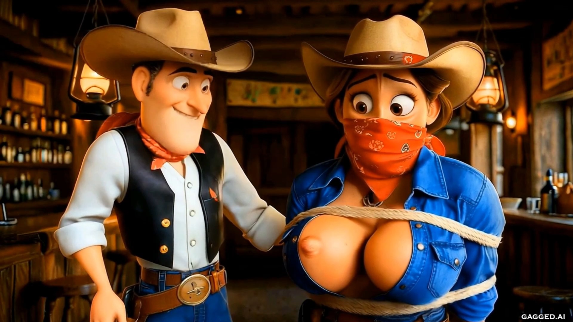 3D animated scene showing a smirking cowboy in Western attire fondling the nipple of a rope-bound and bandana-gagged female cowgirl with prominent bare breasts in a rustic bar.