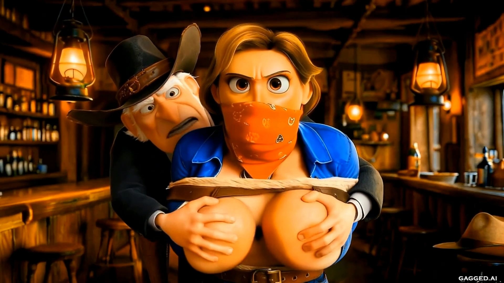 3D cartoon scene of an elderly cowboy with a mustache and black hat groping the large bare breasts of a bandana-gagged female cowgirl bound with ropes in a dimly lit saloon.