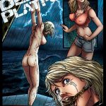 Deadly Platform Moffett DoFantasy BDSM comic cover: blonde captive Caroline nude tears crying wide blue eyes terror distress rope gag bit mouth stretched drooling chained wrists overhead metal cuffs helpless full suspension arms up drenched rain storm lightning oil platform deck sea railing extreme bondage rape torture slavery no escape Fansadox 249 Moffett deadly platform inset clothed woman orange top shorts