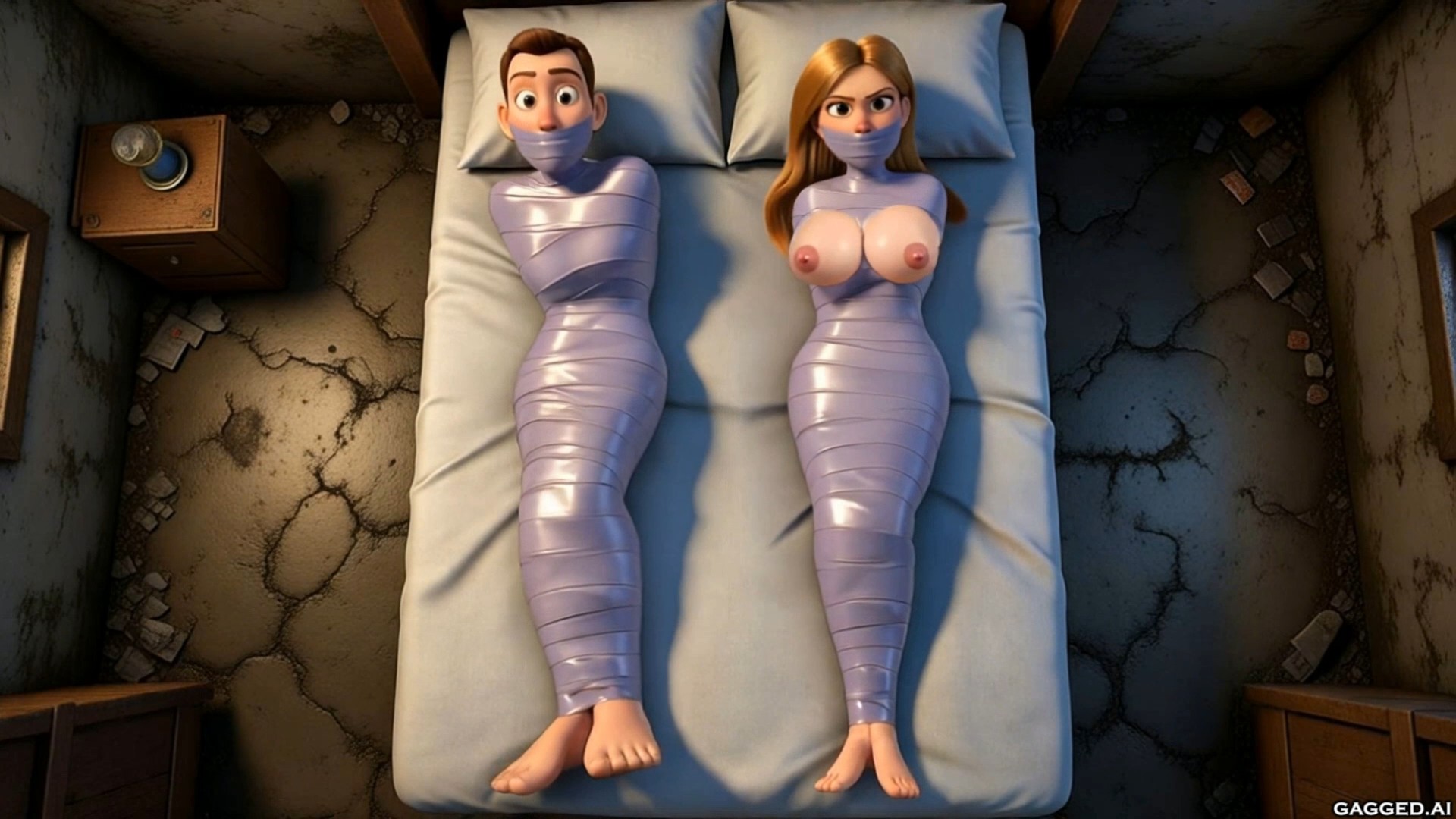 Ceiling cam 3D animated scene of a man and woman bound in silver duct tape mummification on a dilapidated bed, gagged with tape over mouths, woman's nipples visible through the wrapping.