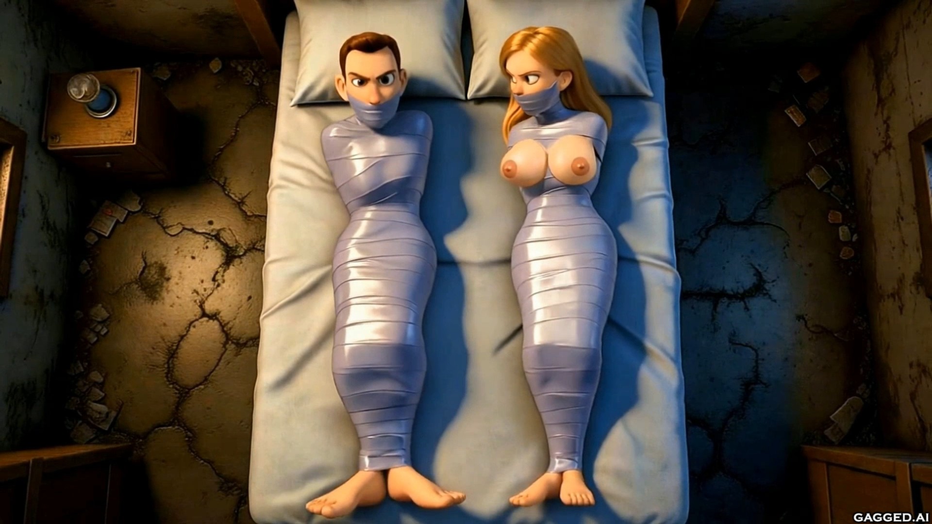 Ceiling cam 3D animated scene of a man and woman bound in silver duct tape mummification on a dilapidated bed, gagged with tape over mouths, woman's nipples visible through the wrapping.