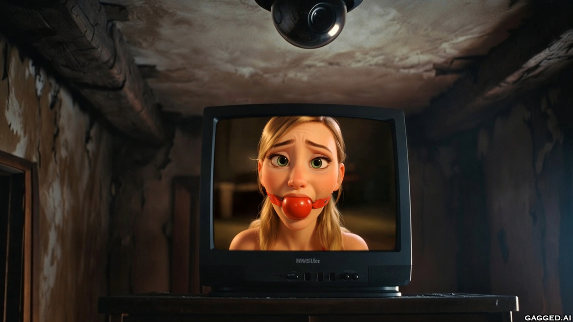 3D cartoon illustration of a old TV displaying a distressed blonde young woman with a red ball gag in her mouth, under a ceiling camera in a dimly lit room.