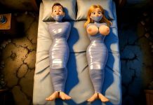 Bound and Watched: Vicious Femdom Revenge on Cheating Couple – Gagged AI Overhead 3D cartoon view of a shocked man and wide-eyed woman wrapped tightly in shiny silver duct tape mummies side-by-side on a bed, both tape-gagged, with the woman's large breasts exposed and taped.